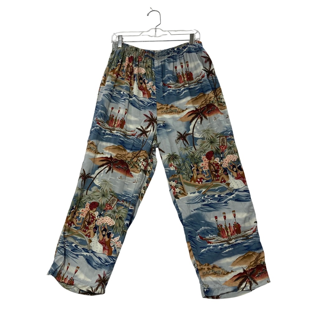 Sarah Bentley Womens XL Rayon Hawaiian Scenic Print Wide Leg Lounge Pants Blue